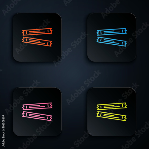 Color neon line Sugar stick packets icon isolated on black background. Blank individual package for bulk food products as coffee, salt, spices. Set icons in square buttons. Vector