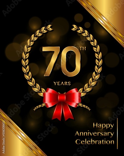 70 years anniversary celebration logotype with golden laurel and wreath, for booklet, leaflet, magazine, brochure poster, banner, web, invitation or greeting card. Vector illustrations.