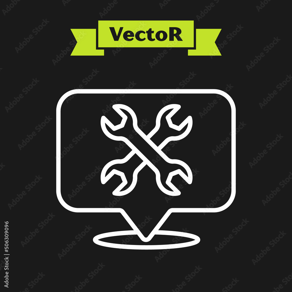 White line Location with wrench spanner icon isolated on black background. Adjusting, service, setting, maintenance, repair, fixing. Vector White line Location with wrench spanner icon isolated on black background. Adjusting, service, setting, maintenance, repair, fixing. Vector
