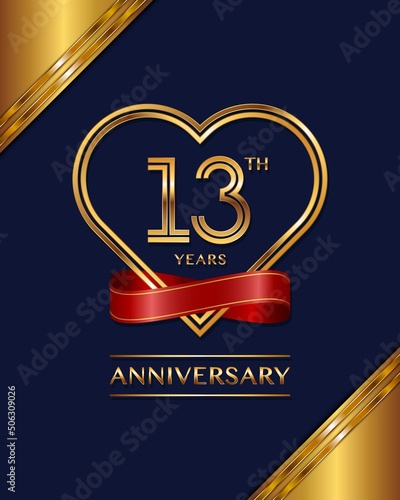 13 years anniversary celebration logotype with golden color, for booklet, leaflet, magazine, brochure poster, banner, web, invitation or greeting card. Vector illustrations.