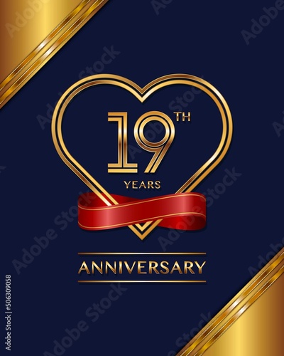 19 years anniversary celebration logotype with golden color, for booklet, leaflet, magazine, brochure poster, banner, web, invitation or greeting card. Vector illustrations.