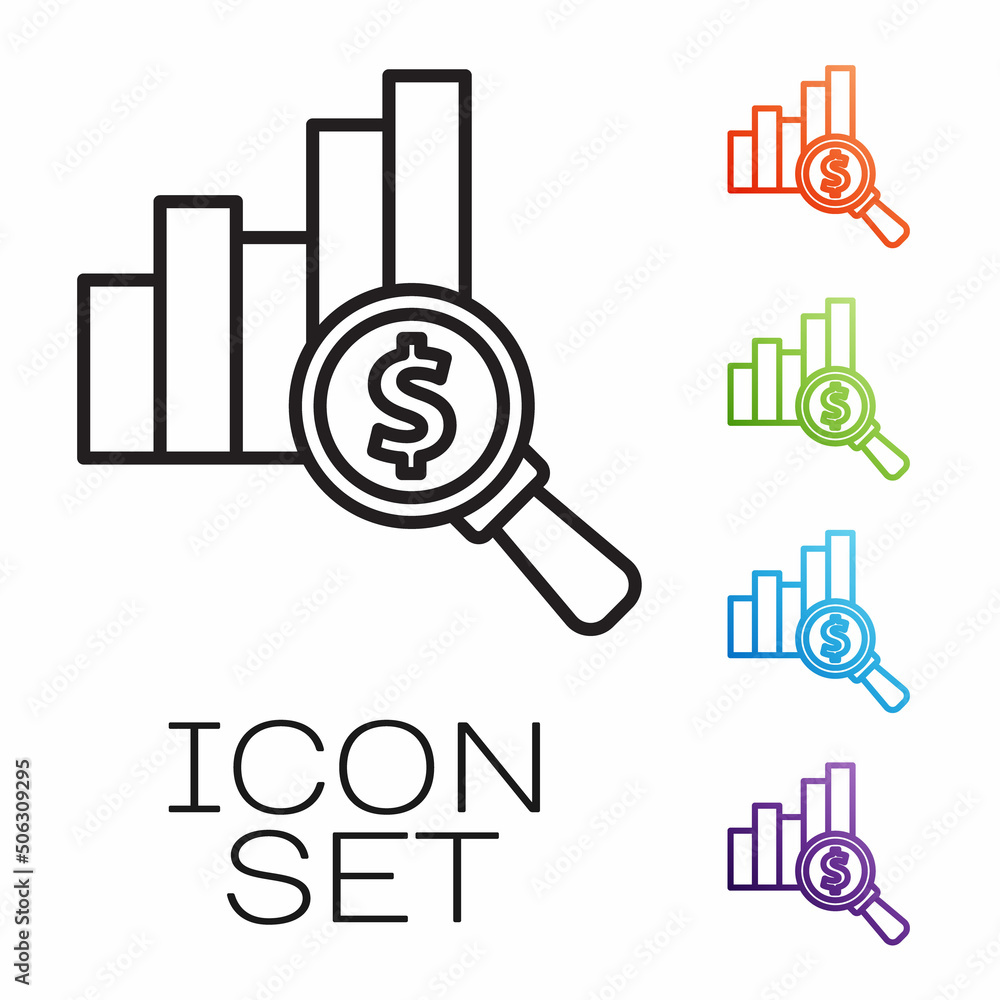 Black line Pie chart infographic and dollar symbol icon isolated on white background. Diagram chart sign. Set icons colorful. Vector Black line Pie chart infographic and dollar symbol icon isolated on white background. Diagram chart sign. Set icons colorful. Vector