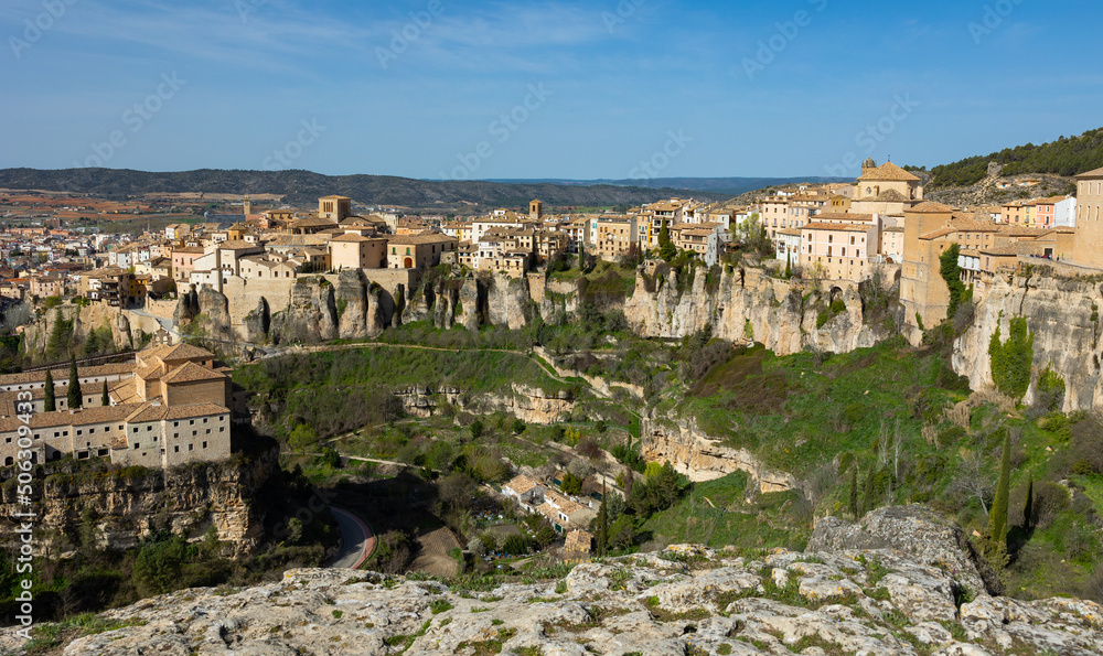 Cityscape of Cuenca with view of old tiled buildings. Castilla-La Mancha, Spain.