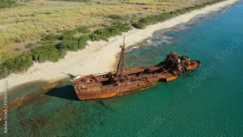 The Ionian Sea and its Dimitrios Wreck in Europe, Greece, Peloponnese, Mani, towards Gythio, in summer, on a sunny day.