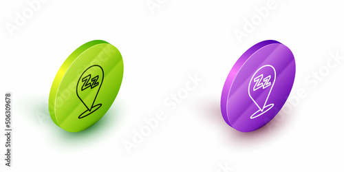 Isometric line Sleepy icon isolated on white background. Sleepy zzz black talk bubble. Green and purple circle buttons. Vector