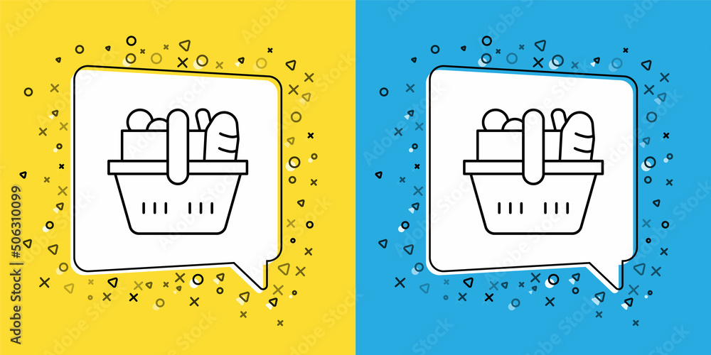 Set line Shopping basket and food icon isolated on yellow and blue background. Food store, supermarket. Vector Set line Shopping basket and food icon isolated on yellow and blue background. Food store, supermarket. Vector