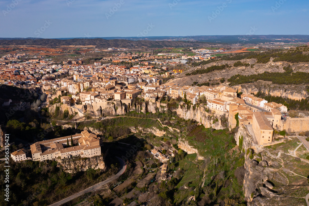 Aerial photo of Cuenca with view of medieval buildings. Castilla-La Mancha, Spain.