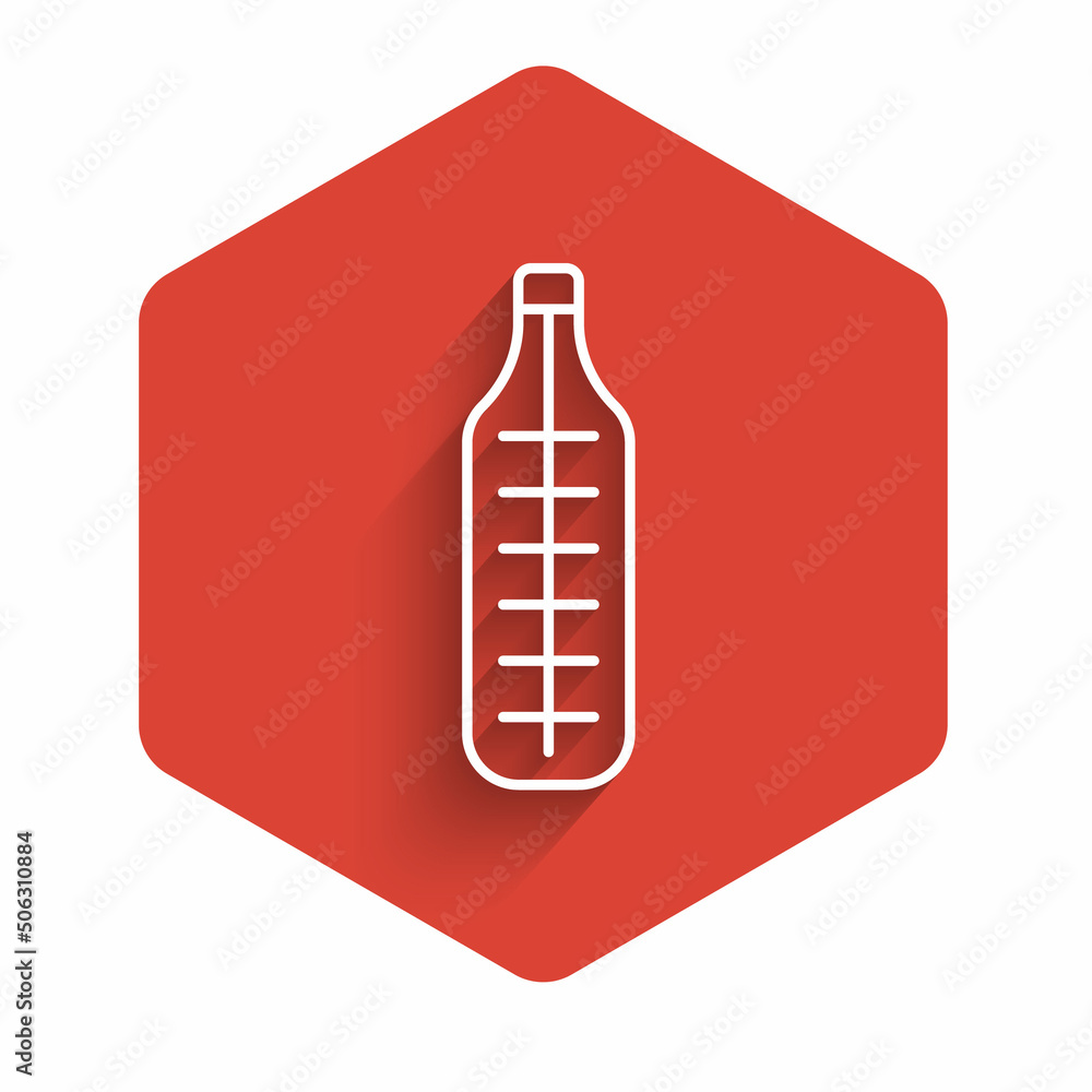 White line Medical thermometer for medical examination icon isolated with long shadow background. Red hexagon button. Vector White line Medical thermometer for medical examination icon isolated with long shadow background. Red hexagon button. Vector