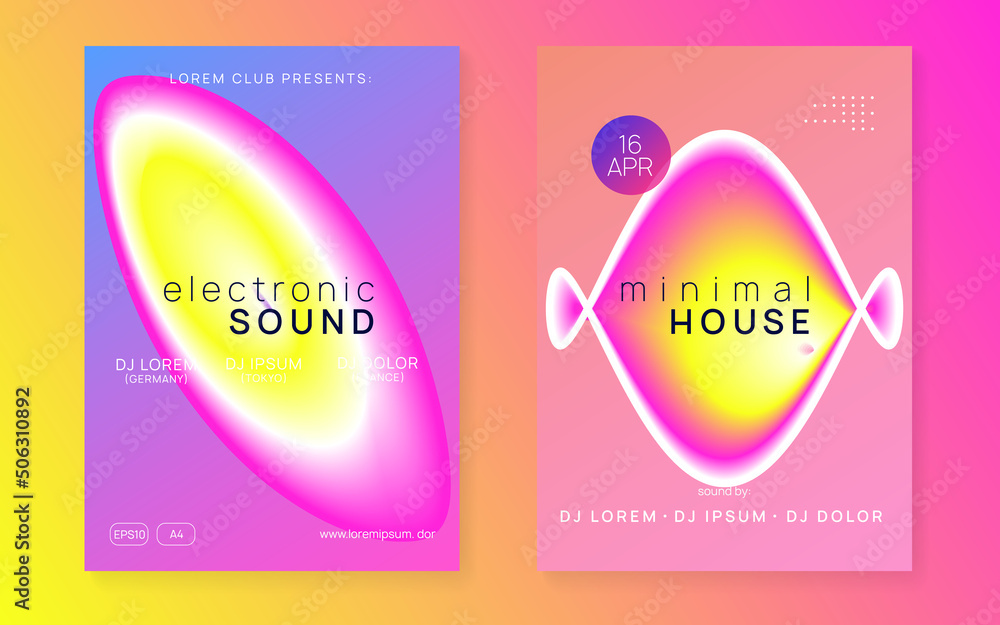 Fototapeta premium Sound Flyer. Fun Techno Poster. Wavy Glitch For Brochure. Abstract Background For Magazine Template. Club And Nightlife Shape. Pink And Yellow Sound Flyer