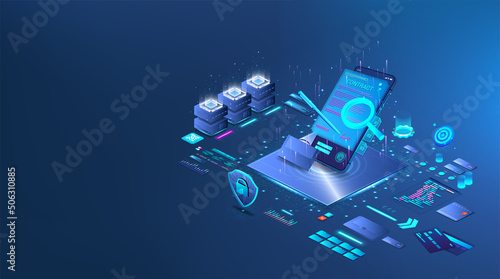Digital documents, smart contract, agreements and treaty online. Isometric blue illustration smart contract concept. Digital format agreements with electronic documents. Signature, fingerprint in App
