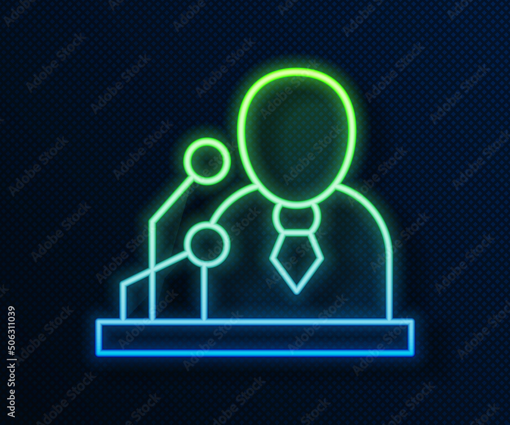 Glowing neon line Breaking news icon isolated on blue background. News on television. News anchor broadcasting. Mass media. Evening news. Vector Glowing neon line Breaking news icon isolated on blue background. News on television. News anchor broadcasting. Mass media. Evening news. Vector