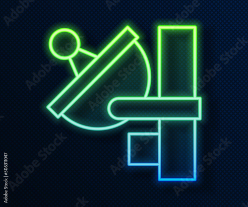 Glowing neon line Radar icon isolated on blue background. Search system. Satellite sign. Vector