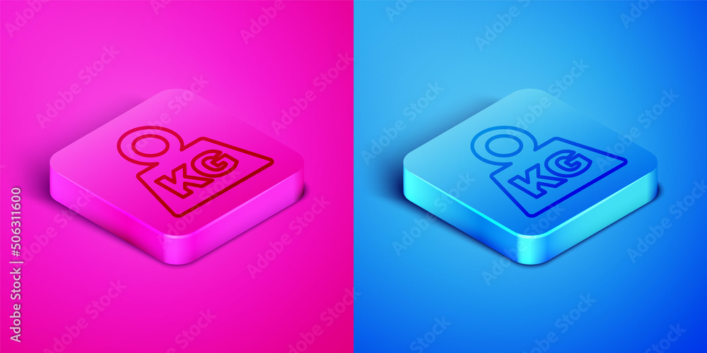 Isometric line Weight icon isolated on pink and blue background. Kilogram weight block for weight lifting and scale. Mass symbol. Square button. Vector Isometric line Weight icon isolated on pink and blue background. Kilogram weight block for weight lifting and scale. Mass symbol. Square button. Vector