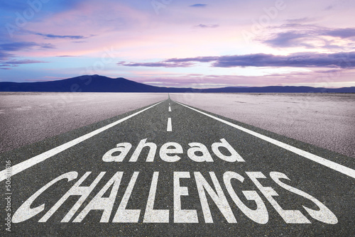 Φωτογραφία Challenges ahead text on road into the future.