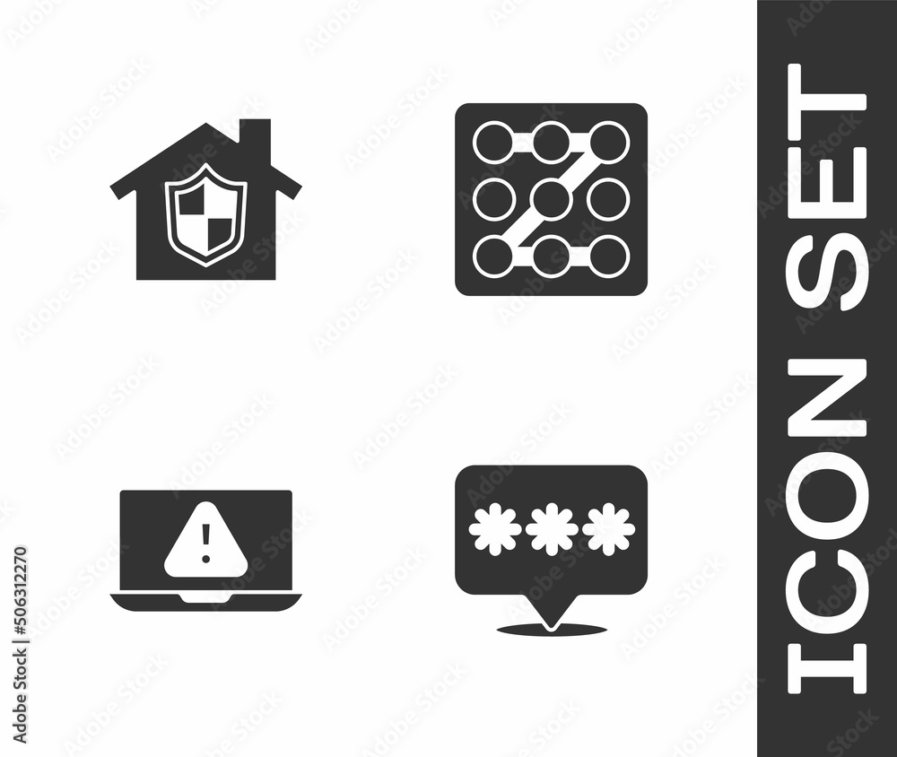 Set Password protection, House under, Laptop with exclamation mark and Graphic password icon. Vector Set Password protection, House under, Laptop with exclamation mark and Graphic password icon. Vector