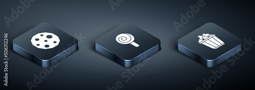 Set Isometric Cookie or biscuit, Popcorn in box and Lollipop icon. Vector