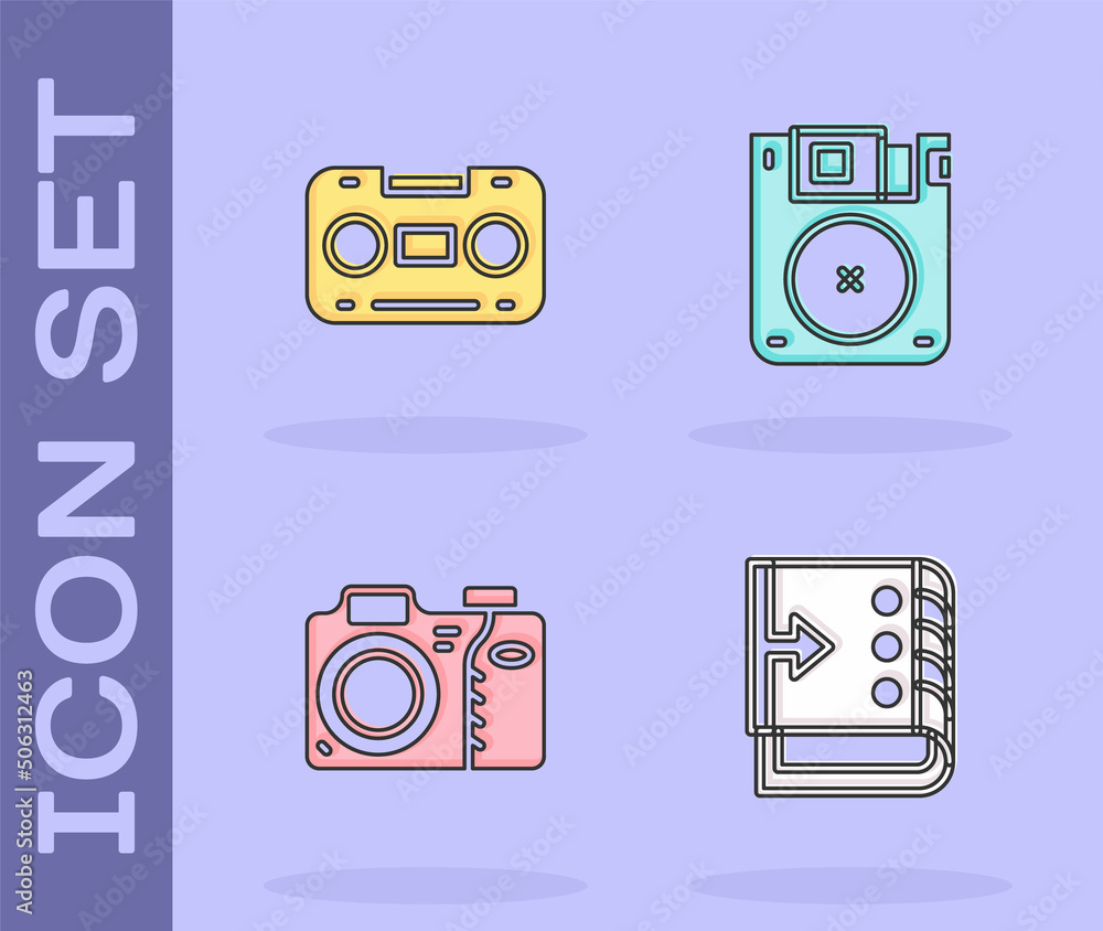 Set Sound mixer controller, Retro audio cassette tape, Photo camera and Floppy disk icon. Vector Set Sound mixer controller, Retro audio cassette tape, Photo camera and Floppy disk icon. Vector