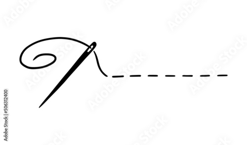 Tailor needle with thread. Hand drawn doodle sketch style sewing needle element. Craft, embroidery tool for textile, sewing shop design. Vector illustration.