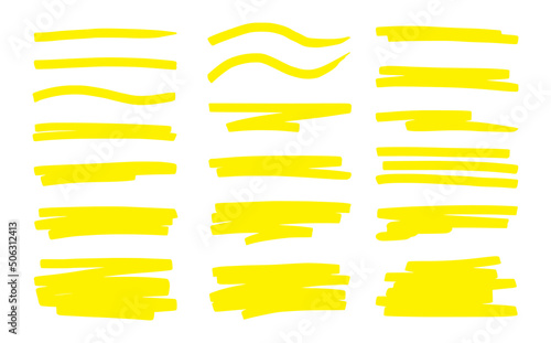 Highlight underline brush. Yellow marker pen stroke. Line brush vector set for memo highlight element, yellow marker effect, drawing text frame. photo