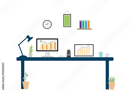 vector illustration home office data analysis, growth investing graph, progress automatic data analysis management, full time investing at home or office
