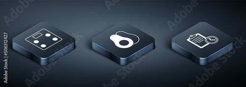 Set Isometric Bathroom scales, Sport training program and Avocado fruit icon. Vector