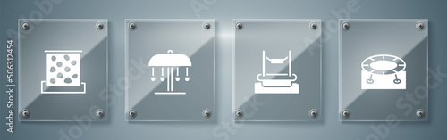 Set Jumping trampoline, Bungee, Attraction carousel and Climbing wall. Square glass panels. Vector