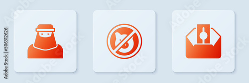 Set No pig, Muslim woman in niqab and Donate or pay your zakat. White square button. Vector