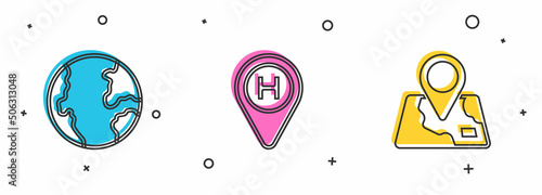 Set Earth globe, Helicopter landing pad and Folded map with location marker icon. Vector