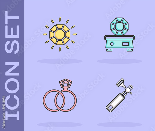 Set Jewelers lupe, Diamond, Wedding rings and Gem stone icon. Vector