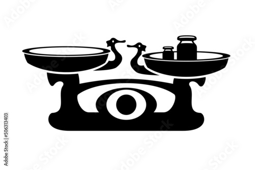Scales with weights. Retro device with two bowls for balancing goods in a pharmacy or in the market. Measure simple style detailed logo icon vector illustration isolated