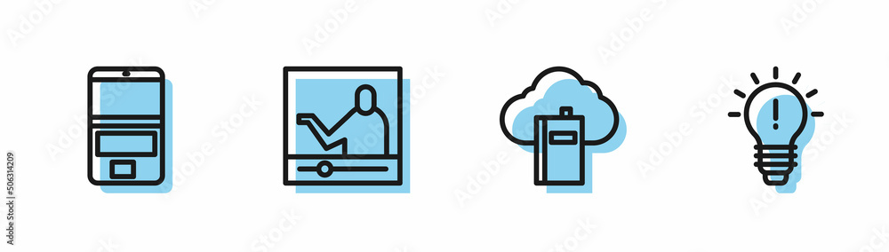 Set line Cloud or online library, Laptop, Online education and Light bulb with concept of idea icon. Vector Set line Cloud or online library, Laptop, Online education and Light bulb with concept of idea icon. Vector