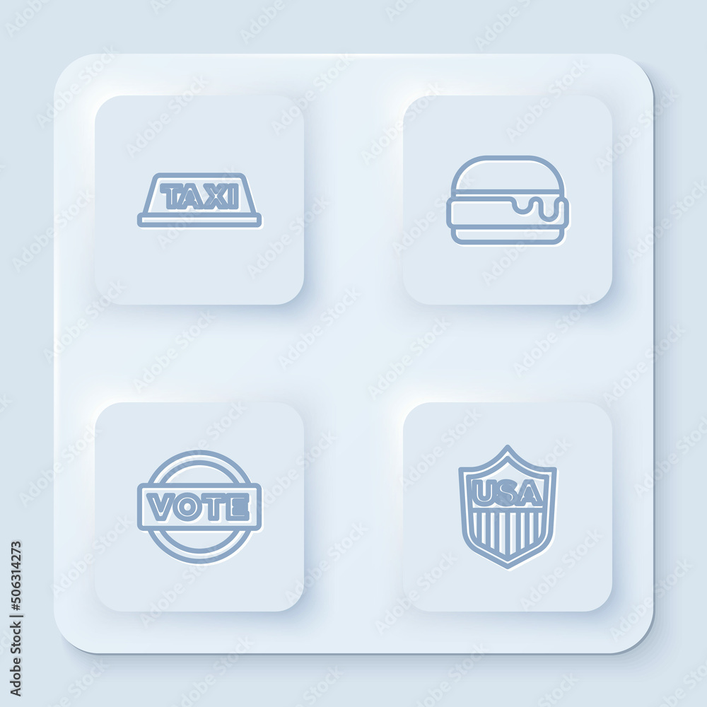 Set line Taxi car roof, Burger, Vote and Shield with stars. White square button. Vector Set line Taxi car roof, Burger, Vote and Shield with stars. White square button. Vector