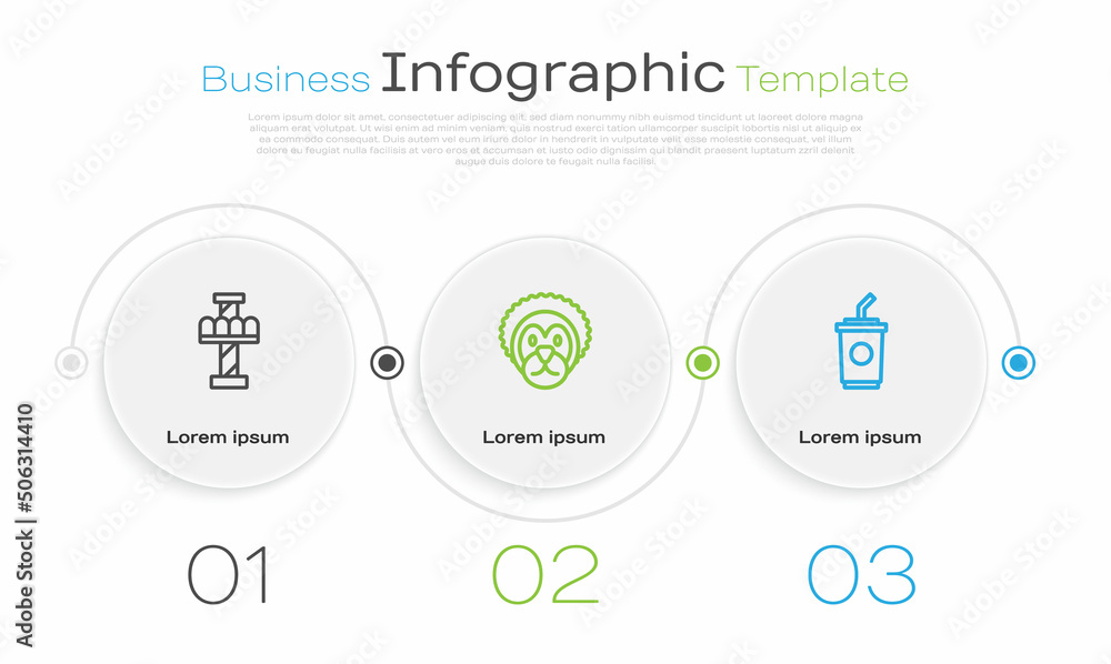 Set line Attraction carousel, Wild lion and Paper glass with water. Business infographic template. Vector Set line Attraction carousel, Wild lion and Paper glass with water. Business infographic template. Vector