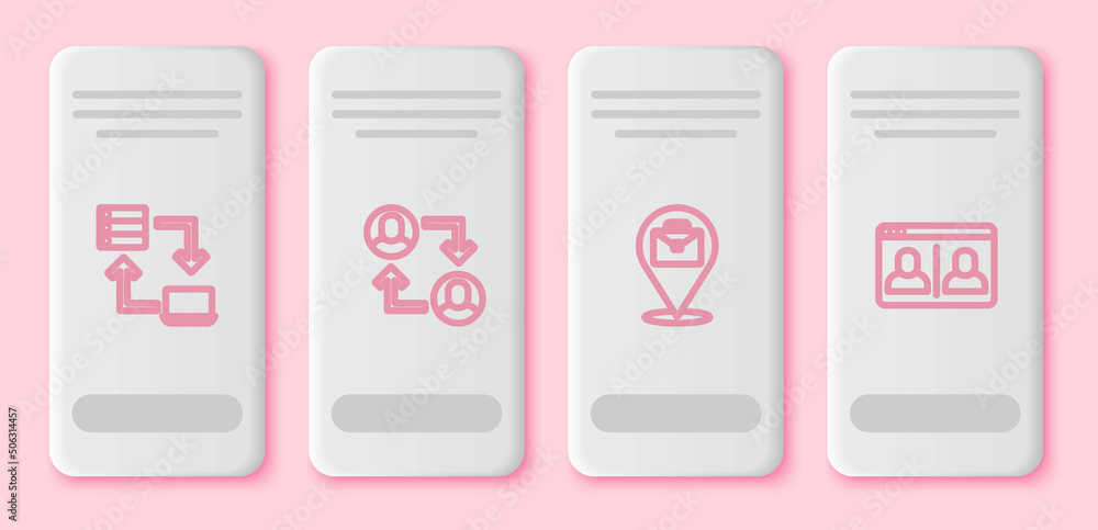 Set line Online working, Project team base, and Video chat conference. White rectangle button. Vector Set line Online working, Project team base, and Video chat conference. White rectangle button. Vector