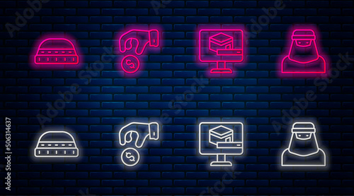Set line Donate or pay your zakat, Kaaba mosque, Muslim hat for prayer and woman in niqab. Glowing neon icon on brick wall. Vector