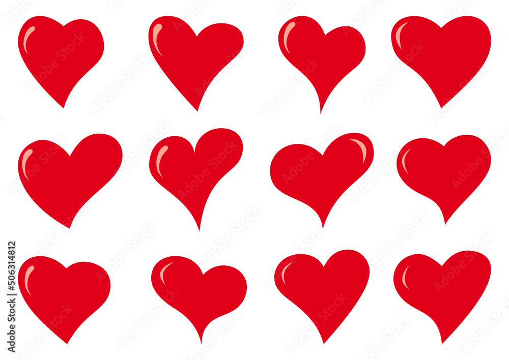 Hearts icons set. Flat red elements wich text greeting wedding card. Romantic holiday symbol love Valentine Day. Heart decorative graphic design shape isolated vector illustration Hearts icons set. Flat red elements wich text greeting wedding card. Romantic holiday symbol love Valentine Day. Heart decorative graphic design shape isolated vector illustration