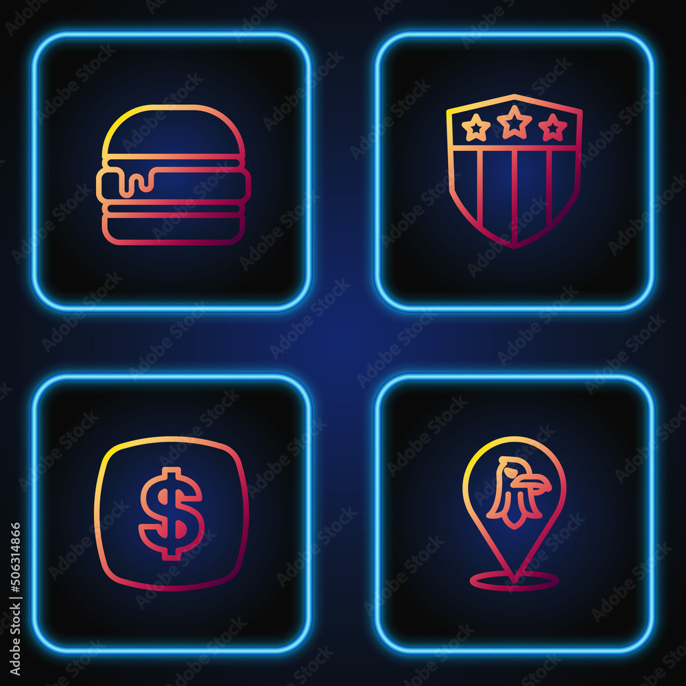 Set line Eagle, Dollar symbol, Burger and Shield with stars. Gradient color icons. Vector Set line Eagle, Dollar symbol, Burger and Shield with stars. Gradient color icons. Vector