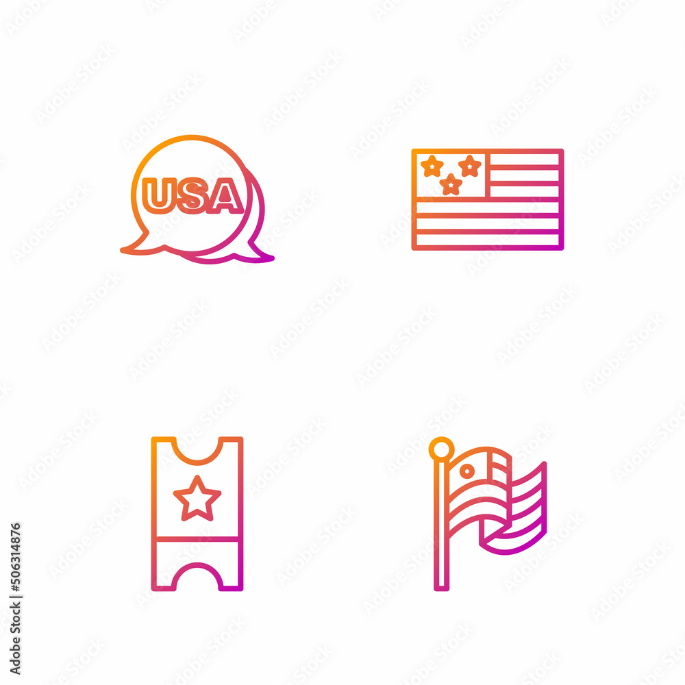 Obraz premium Set line American flag, Baseball ticket, USA Independence day and . Gradient color icons. Vector