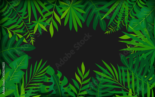 Tropical dense foliage trendy banner card dark flat style. Luxury background elite black screen saver template promotional organic exotic cosmetics. Themed party invitation card beauty salon visit