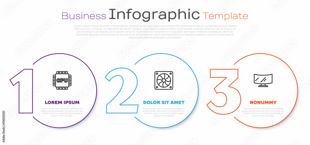 Set line Processor with CPU, Computer cooler and monitor screen. Business infographic template. Vector Set line Processor with CPU, Computer cooler and monitor screen. Business infographic template. Vector