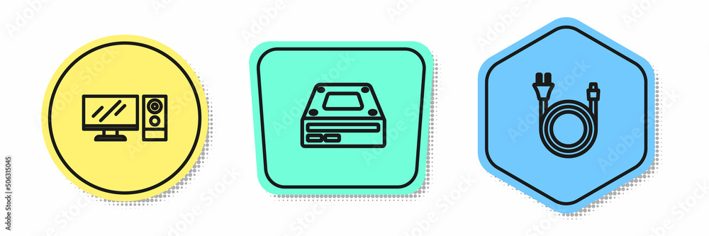 Set line Computer monitor, Optical disc drive and Electric plug. Colored shapes. Vector Set line Computer monitor, Optical disc drive and Electric plug. Colored shapes. Vector