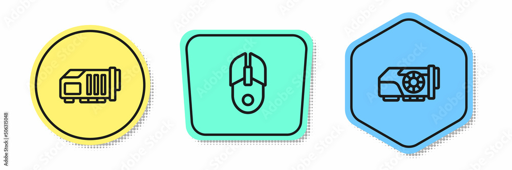 Set line Video graphic card, Computer mouse and . Colored shapes. Vector Set line Video graphic card, Computer mouse and . Colored shapes. Vector