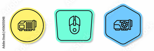Set line Video graphic card, Computer mouse and . Colored shapes. Vector