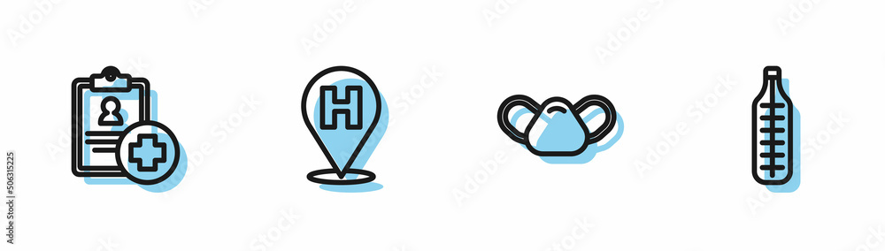 Set line Medical protective mask, Patient record, Location hospital and thermometer icon. Vector Set line Medical protective mask, Patient record, Location hospital and thermometer icon. Vector