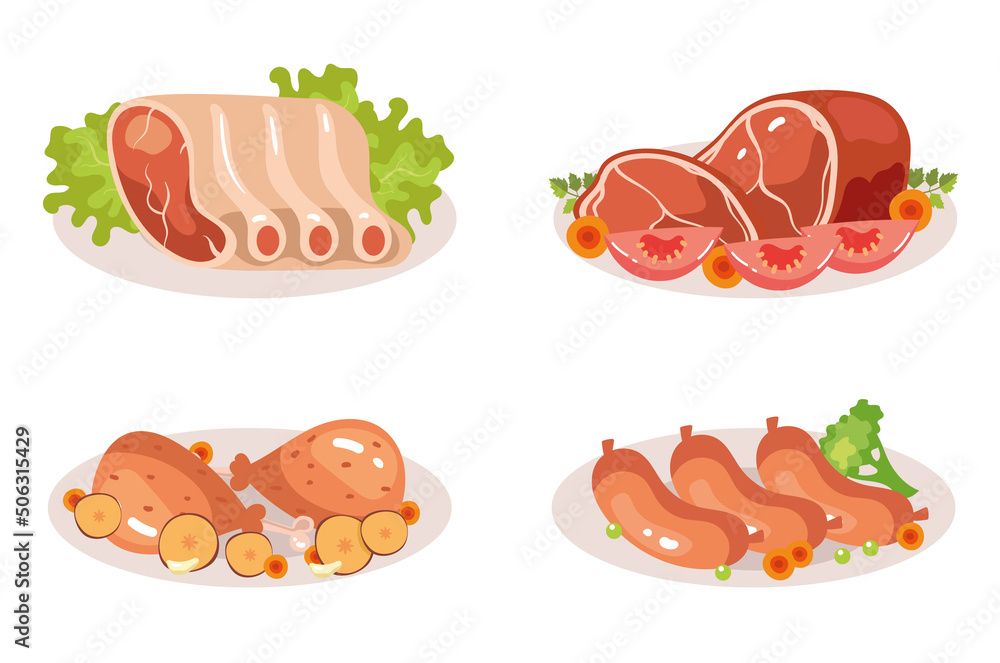 Prepare meat dish meal isolated set. Vector flat cartoon graphic design illustration