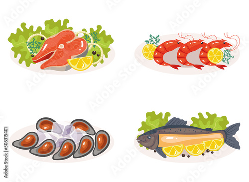 Fish diah sea food on plate isolated set. Vector flat cartoon graphic design illustration