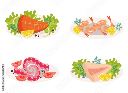 Fish diah sea food on plate isolated set. Vector flat cartoon graphic design illustration