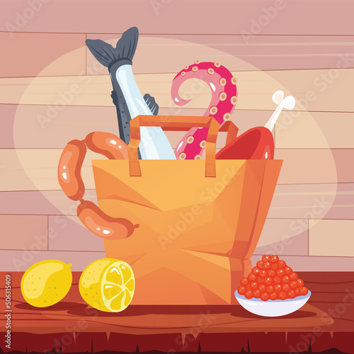 Paper bag full of supermarket food grocery delivery concept. Vector flat cartoon graphic design illustration