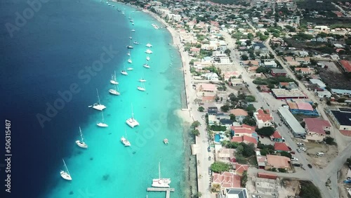 Aerial view of the coast and boats of the capital of Bonaire, Kralendijk, in the Dutch Caribbean. photo