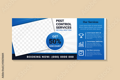 pest control services banner template design with an image and text placement, professional eye-catchy colorful design. Standard for web page banner and social media post, horizontal vector layout.